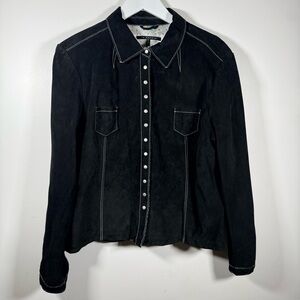 In Suede Black Suede Leather Snap Front Jacket Womens XL Contrast Stitch Western